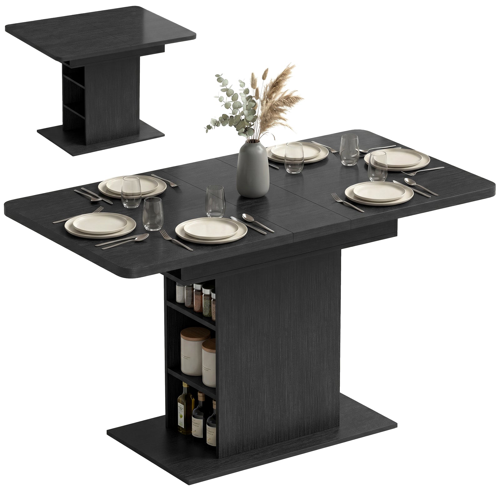 Extendable Dining Table For 4-6, Kitchen Table With Shelves | Black