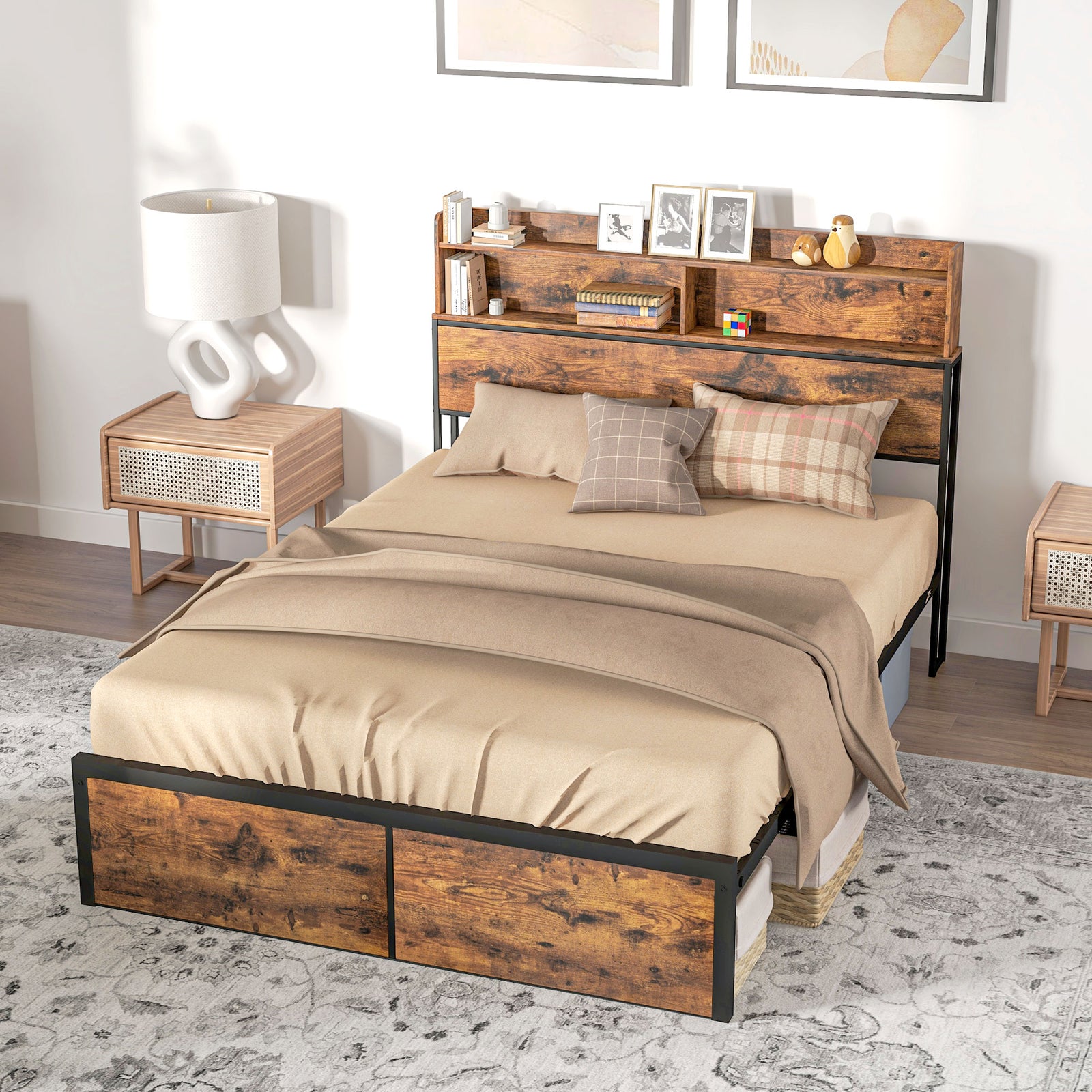 4.6ft Double Bed Frame With Storage Headboard And Under Bed Storage | Double | Brown