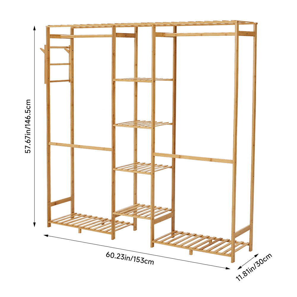 Wooden Garment Rack With Side Hooks Multi-functional Freestanding Clothes Organizer | Large | Natural