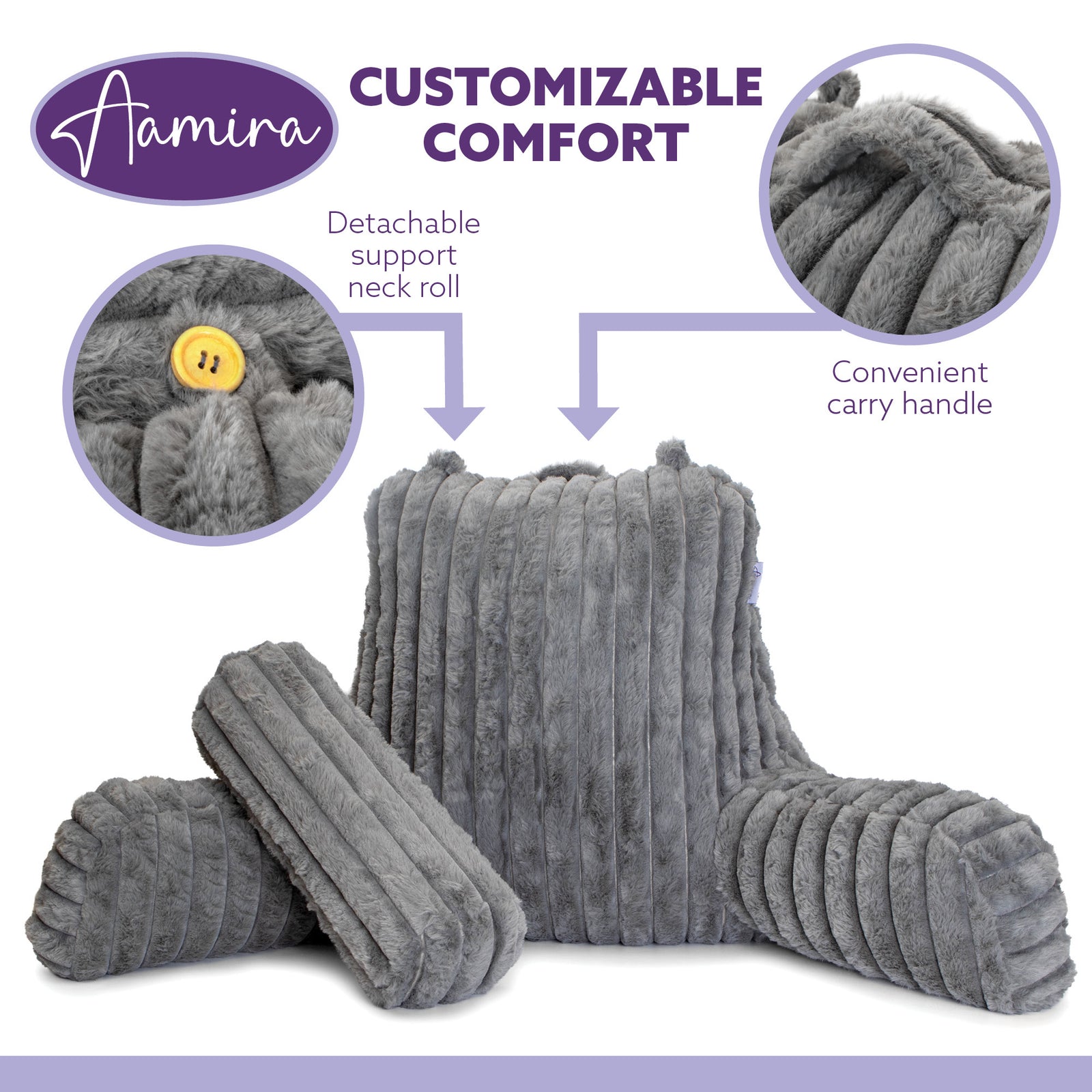 Luxurious Xl Reading Pillow Detachable Headrest, Soft Ribbed Faux Fur, Memory Foam Cuddle Cuddle Cushion Backrest | XL | Grey