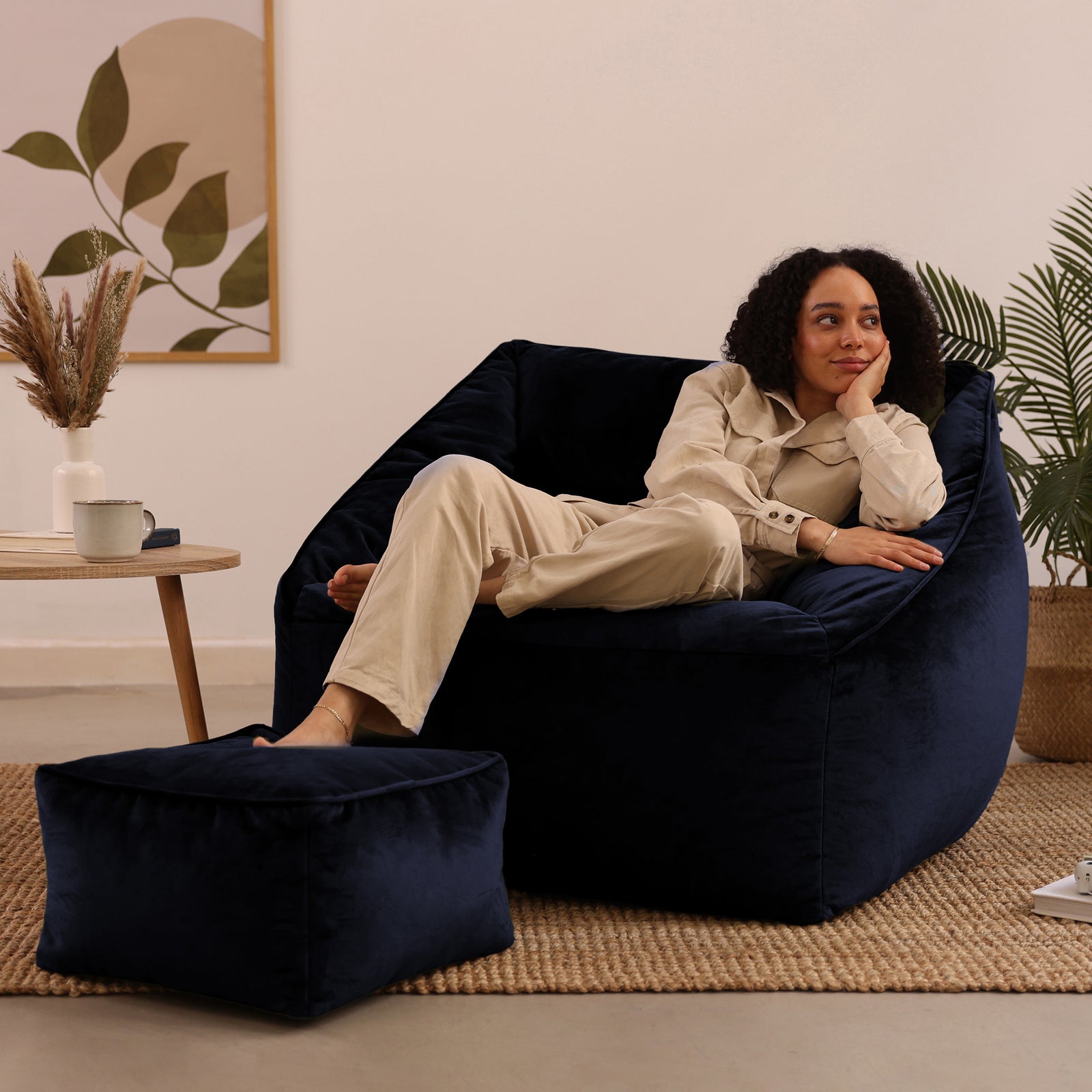 Natalia Velvet Armchair & Footstool Set | Midnight Blue