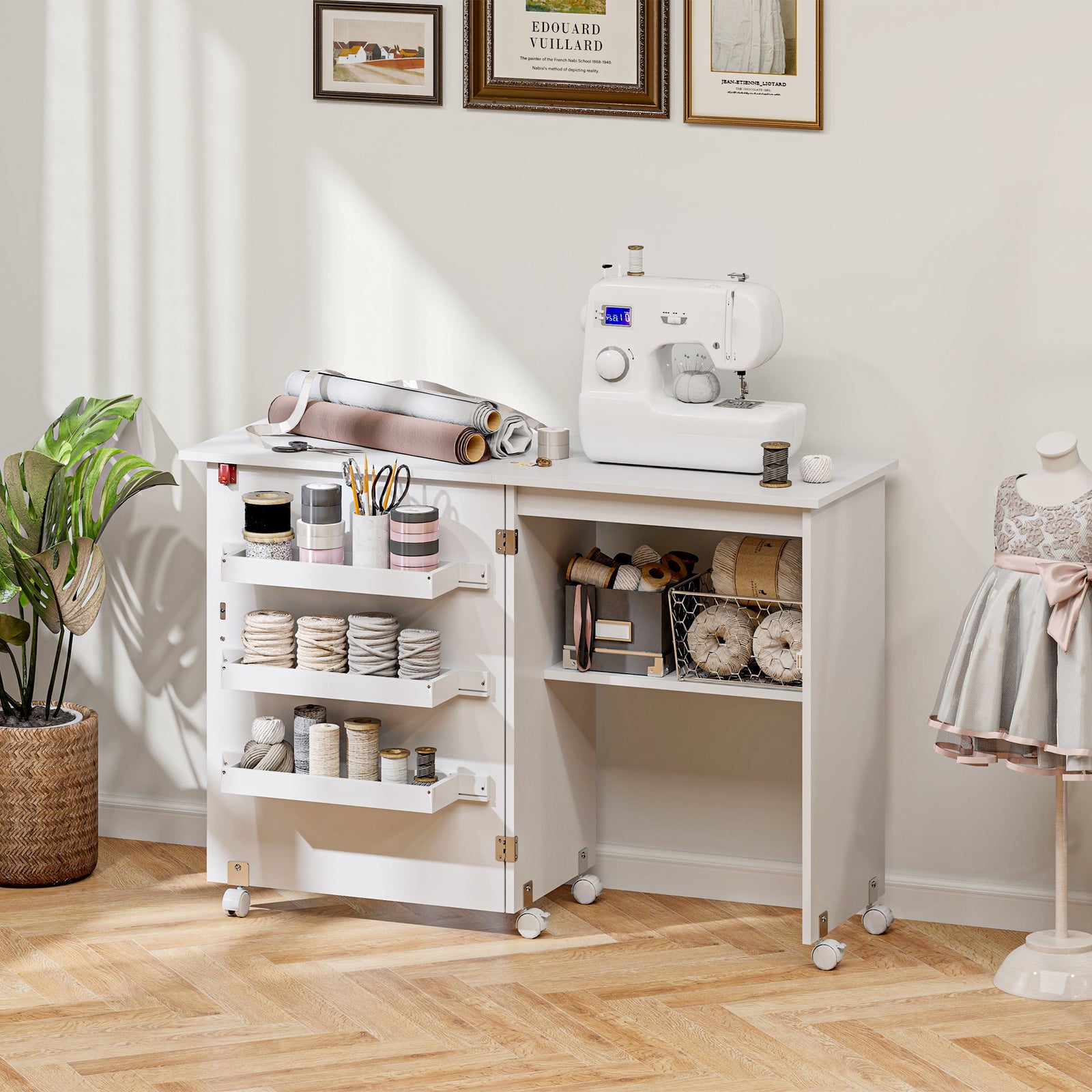 Folding Sewing Table Rolling Craft Table With Drop Leaf | White