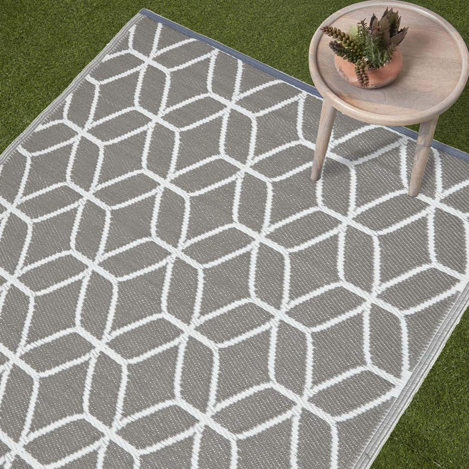 Luxury Outdoor Rug Waterproof Reversible Round For Garden Patio, Grey Geometric