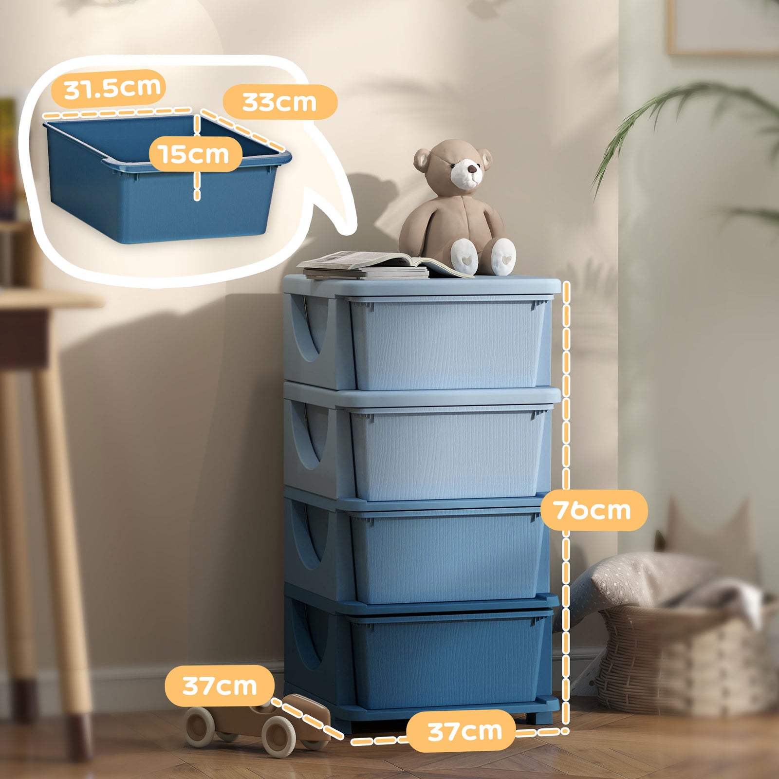 Kids Storage Units With Drawers 4 Tier Chest Dresser Tower | Blue