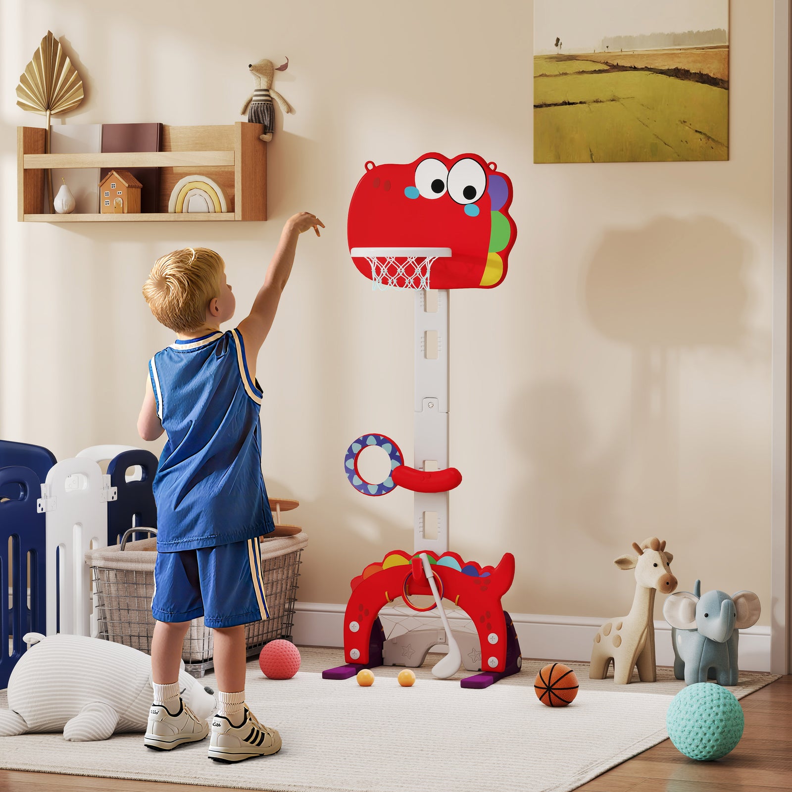 AIYAPLAY 5-in-1 Basketball Set With Adjustable 96-130 Cm Height, Red