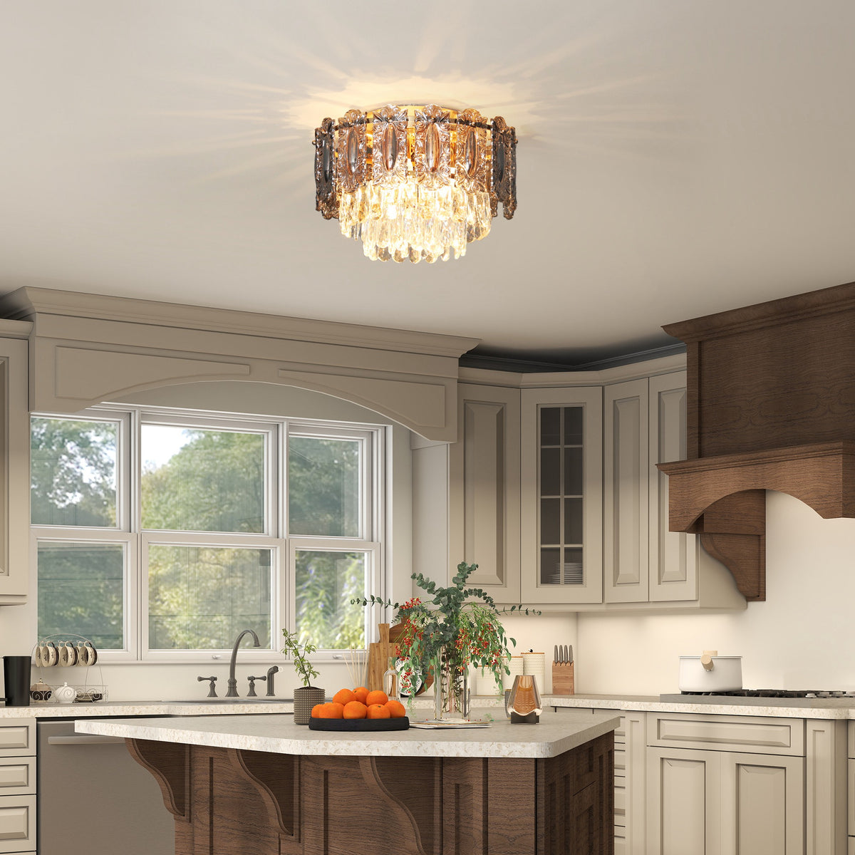HOMCOM Vintage Ceiling Light With Dual Crystal And Smoke Glass Shade, Gold