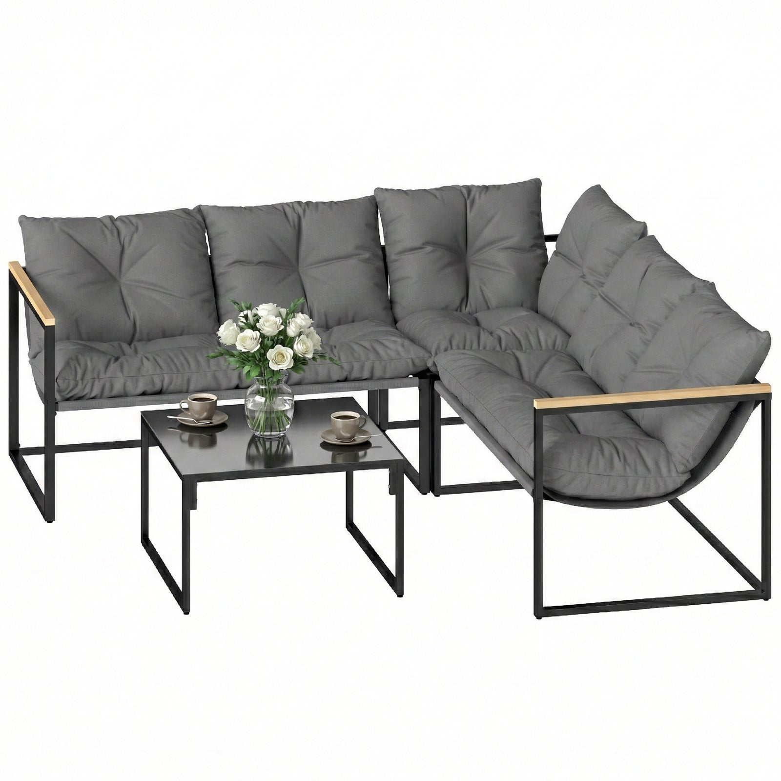 Outsunny 4 Piece Garden Furniture Set With Cushions Coffee Table, Grey
