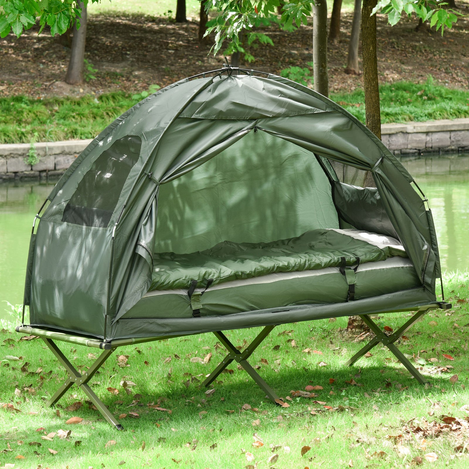 1-person Foldable Camping Tent With Sleeping Bag | Green