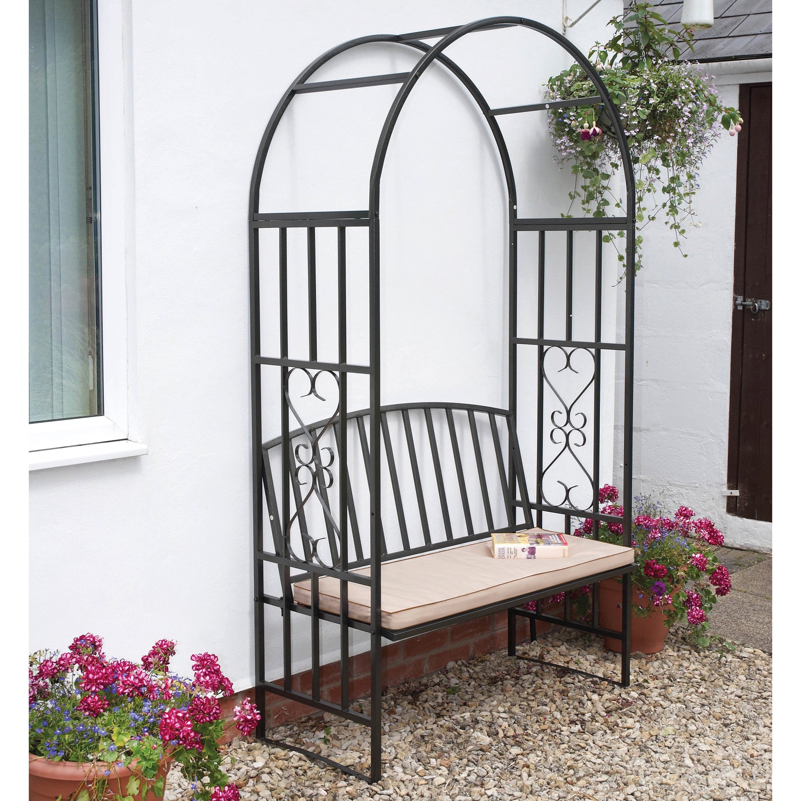Metal Garden Arch And Bench Complete With Cushion