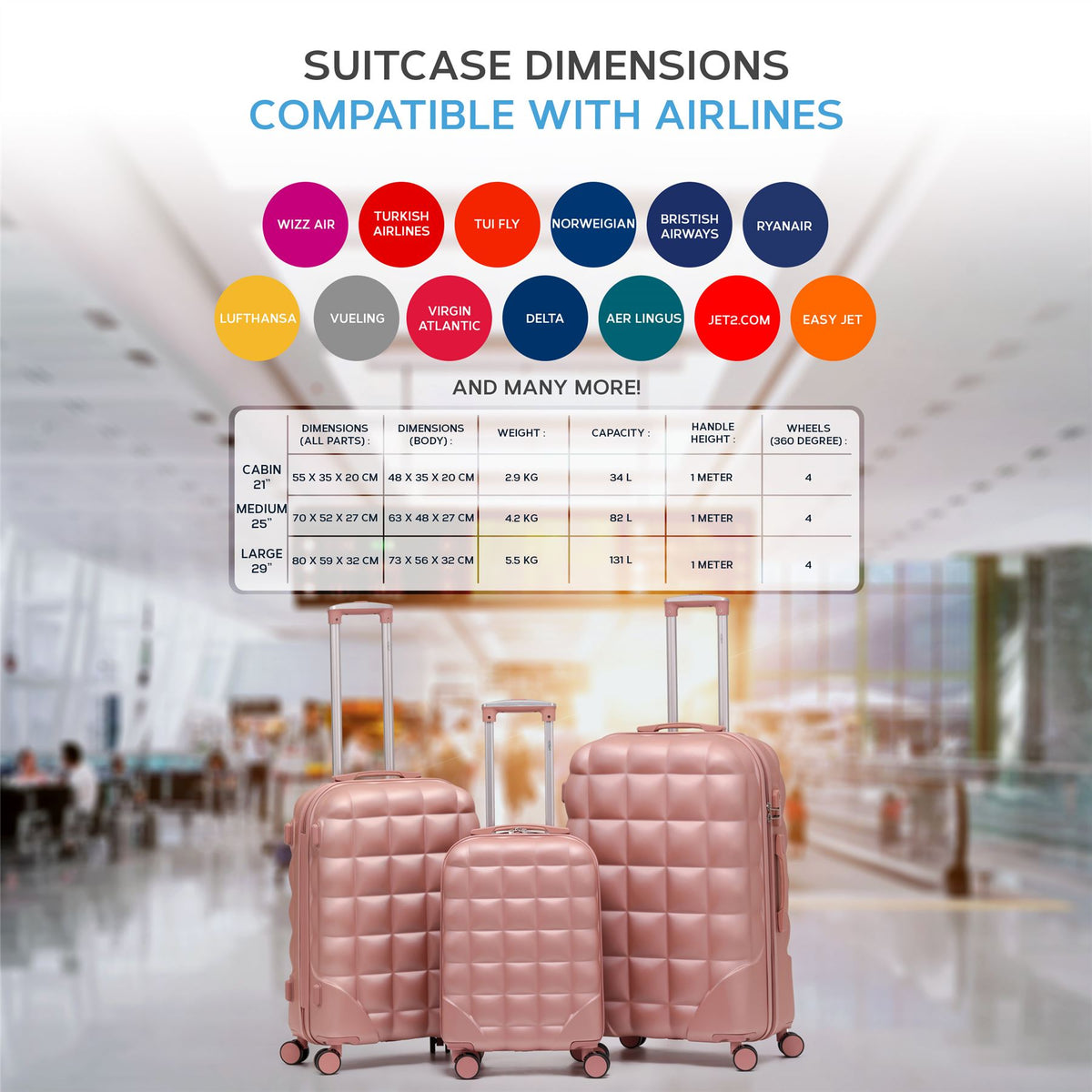 Set Of 3 Hard Case Bubble Design Check-in Size Suitcases Hold Luggage - Overhead Cabin Bag With Medium & Large Check-in 20kg+ Hold Suitcase | Set of 3 | Rose Gold