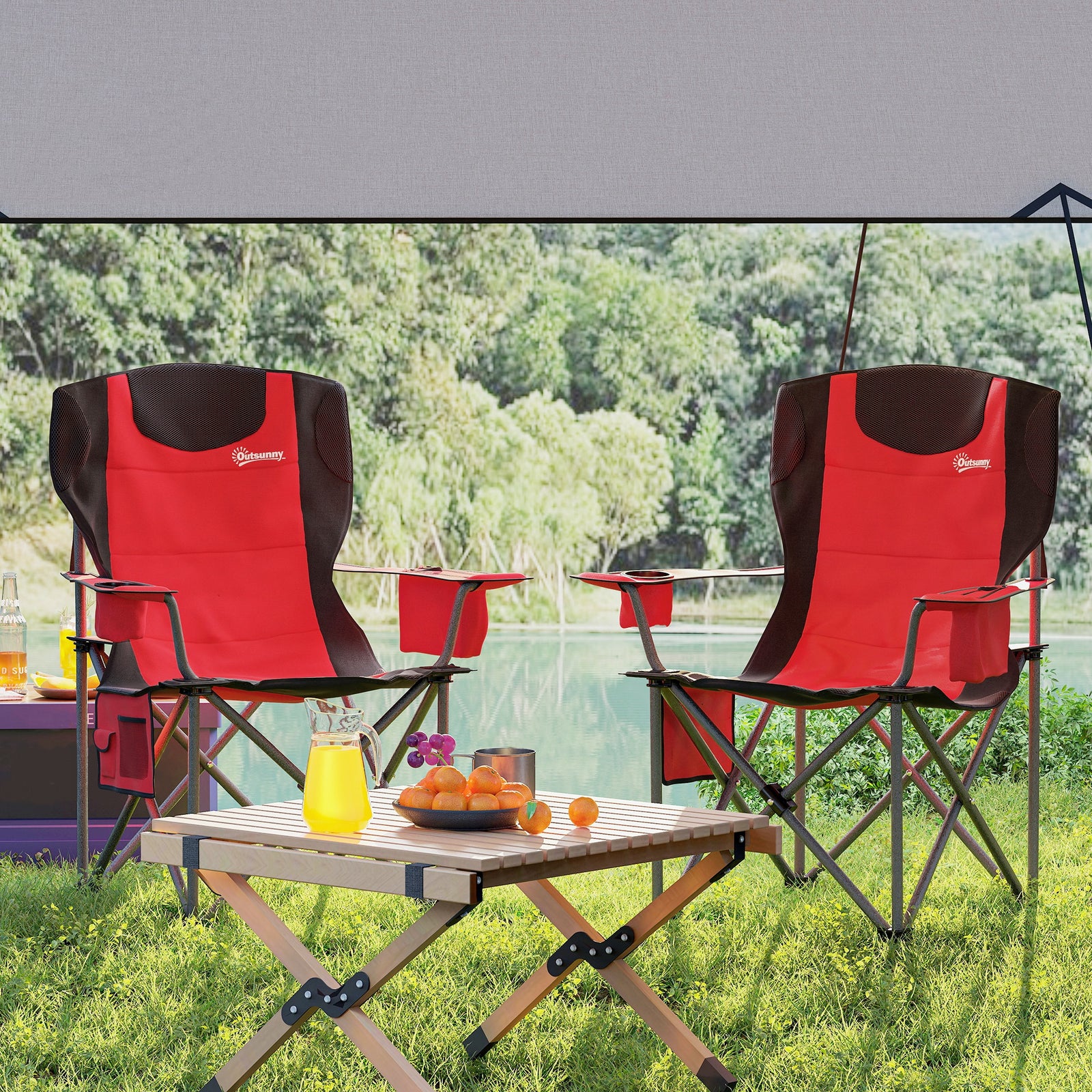 Set Of 2 Folding Camping Chairs With Cooler Bag | Red
