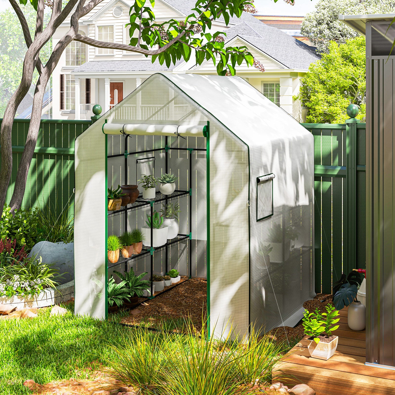 Walk-in Greenhouse W/ 4/8 Shelves, Outdoor Small Greenhouse | Large | White