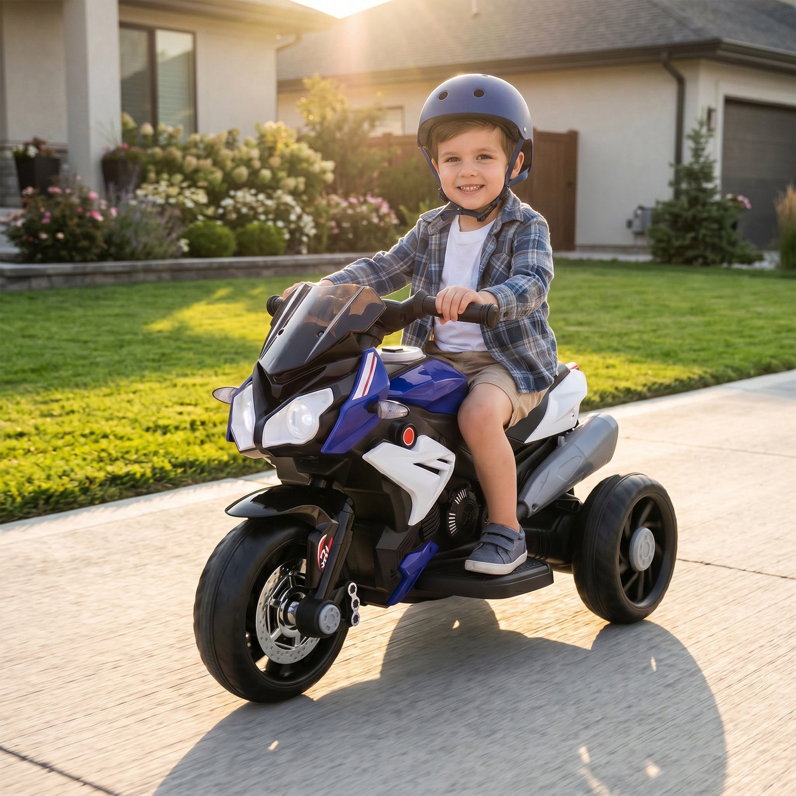 Kids Electric Motorcycle With 3 Wheels, Headlight, Music, Horn | Blue