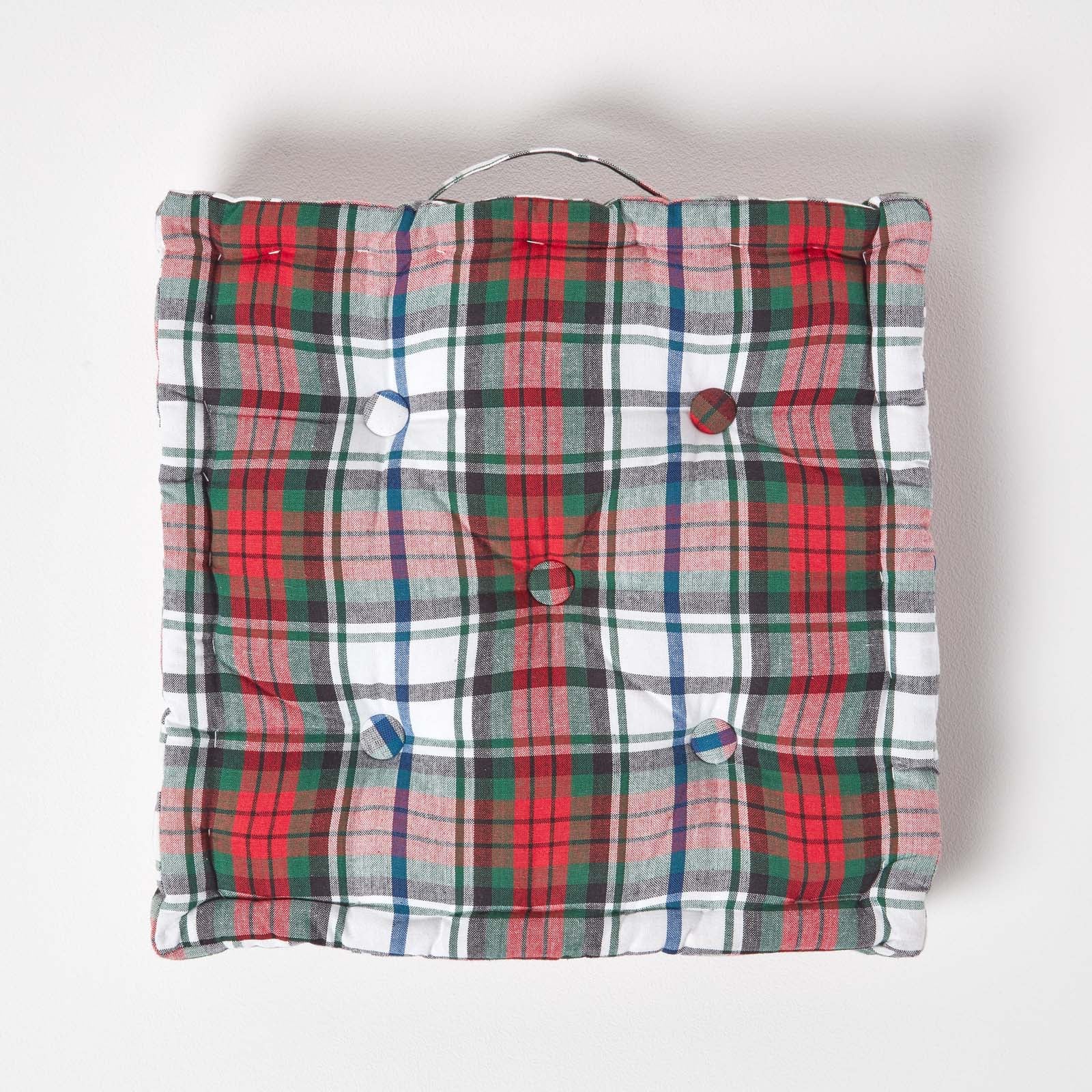 Cotton Tartan Check Floor Cushion | 50cm x 50cm | Grey & Red