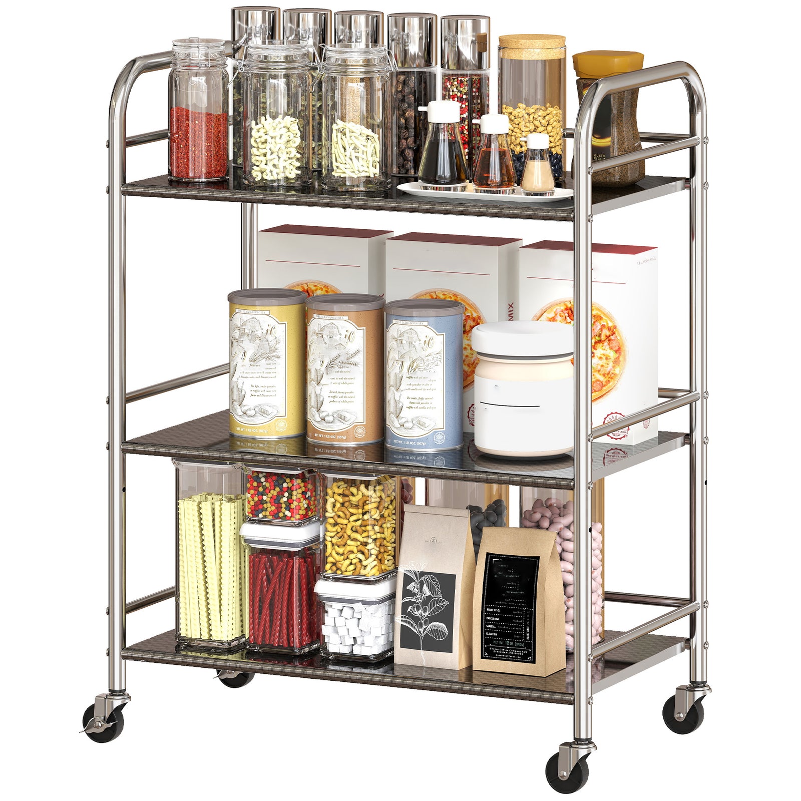 3 Tier Kitchen Trolley On Wheels Serving Cart With Handles Silver