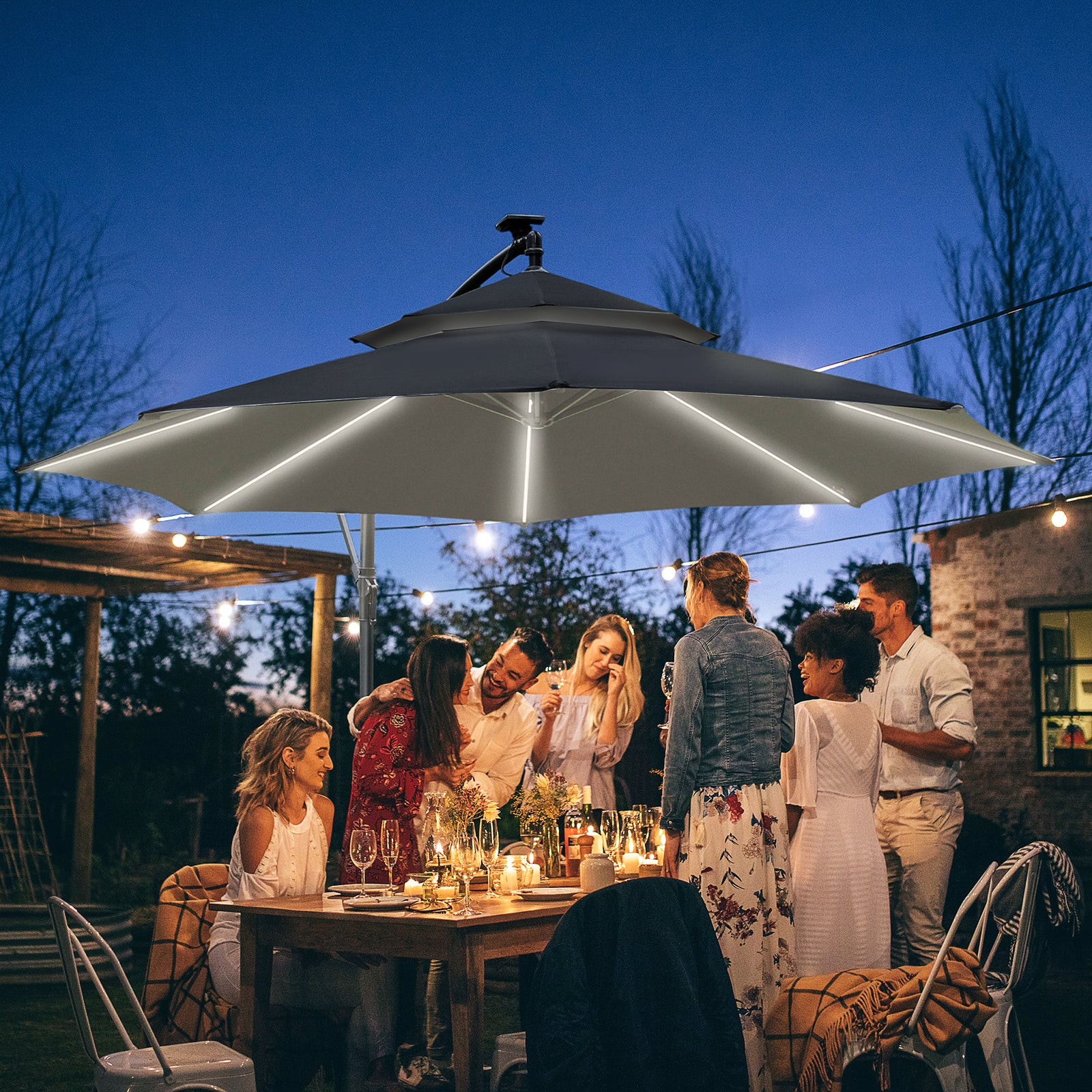 3m Cantilever Banana Parasol W/ Led Solar Lights | Black