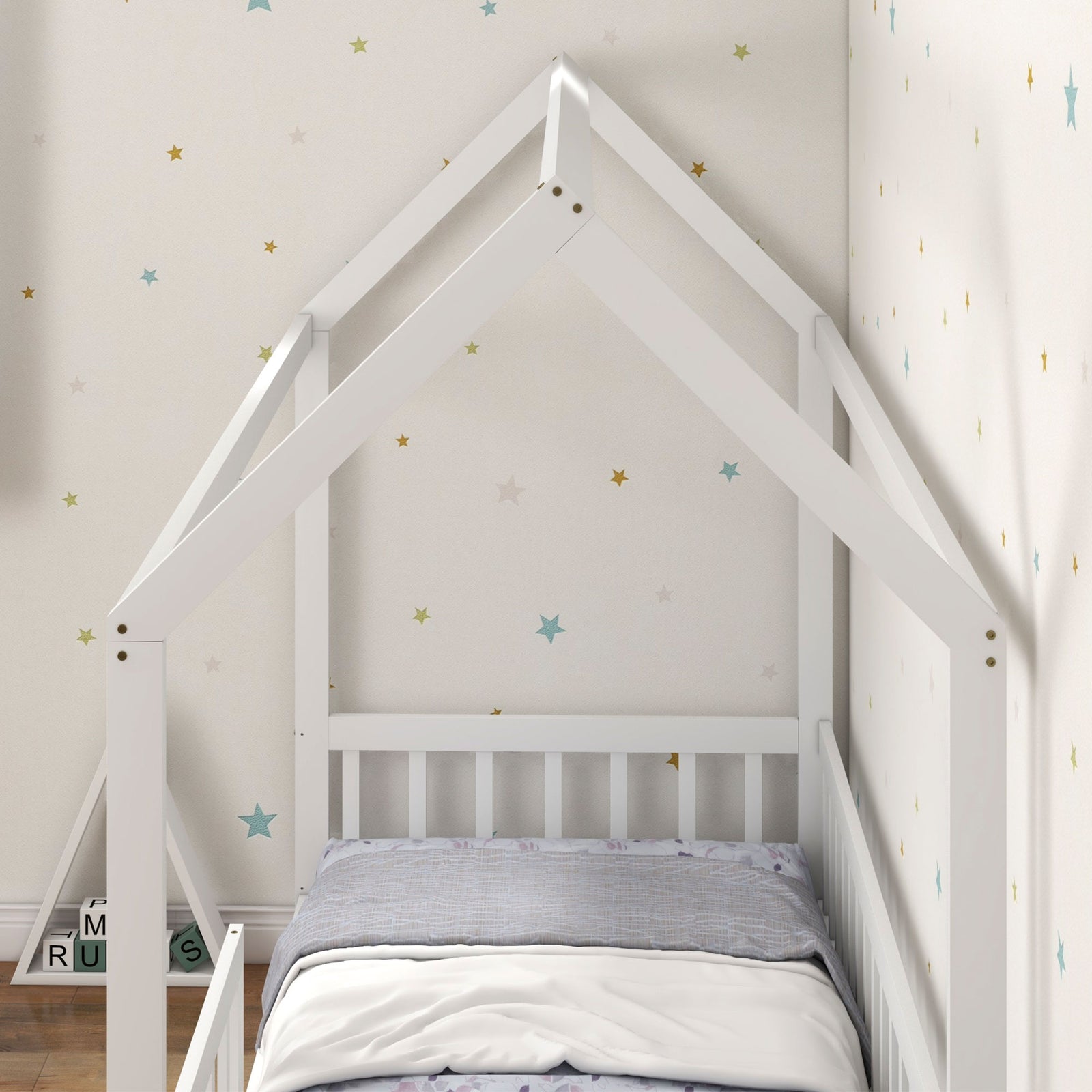 Homcom House-shaped Kids Bed Frame With Safety Fence For Boys Girls, White