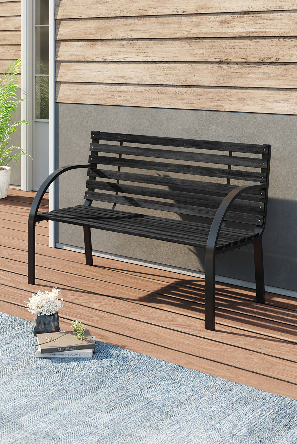 Outdoor Garden Metal Wood Bench