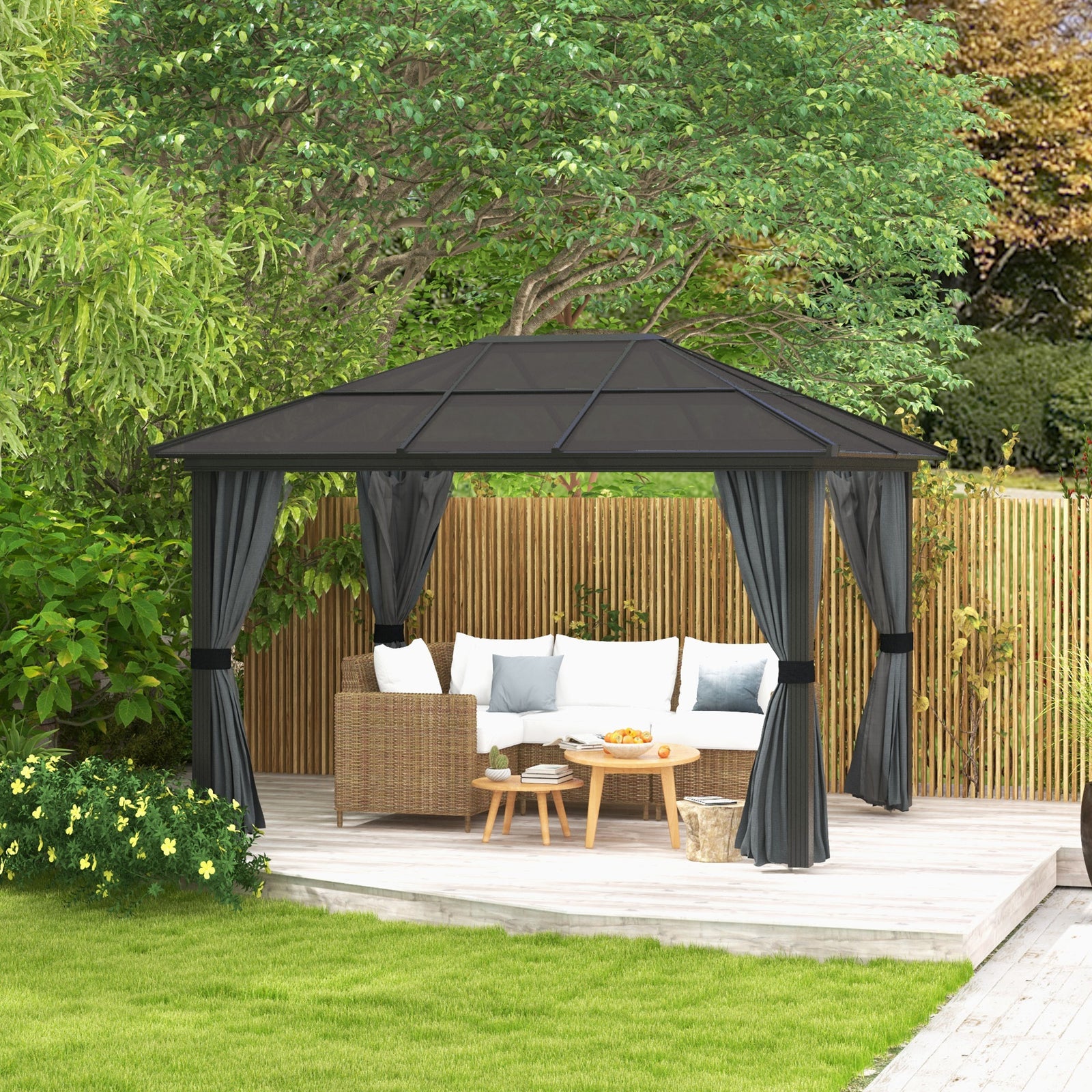 Hardtop Gazebo Canopy With Mosquito Netting And Curtains | Large | Dark Gray