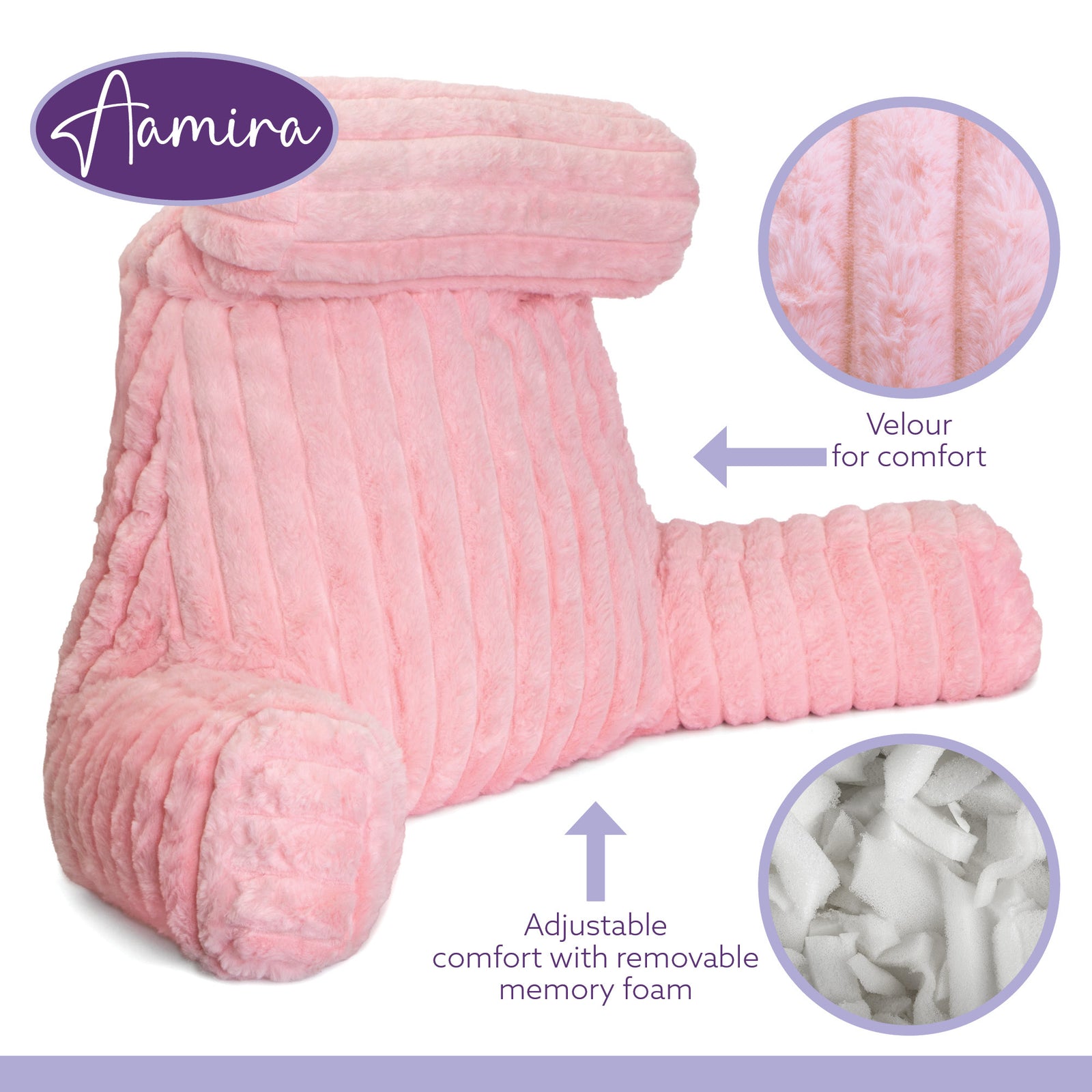 Luxurious Xl Reading Pillow Detachable Headrest, Soft Ribbed Faux Fur, Memory Foam Cuddle Cuddle Cushion Backrest | XL | Pink