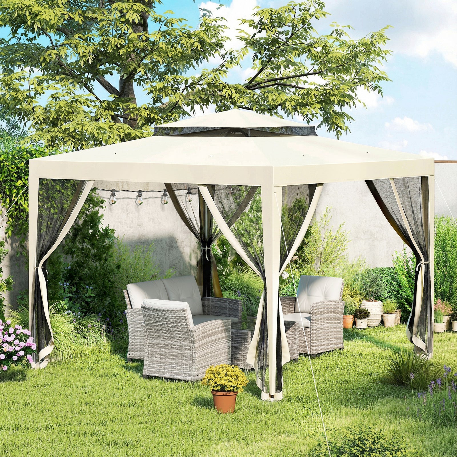 3 X 3 M Gazebo, Netting Party Tent W/ Double Tier Roof | Beige