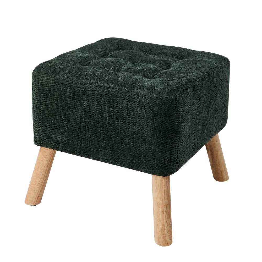 Tufted Upholstered Footstool With Wooden Legs, Modern Accent Ottoman | Green