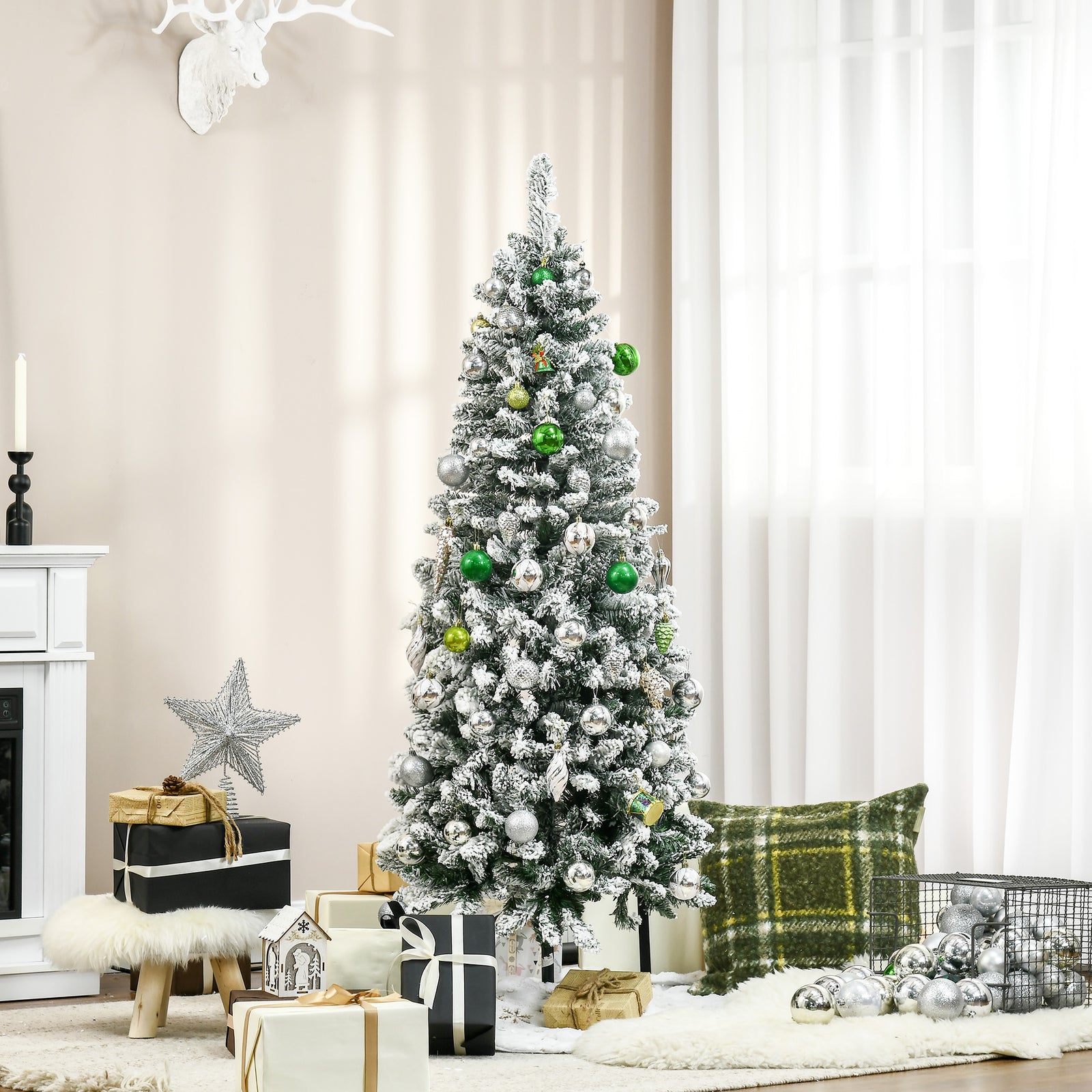 5/6ft Snow Flocked Artificial Christmas Tree Pencil Shape | 5ft | Green