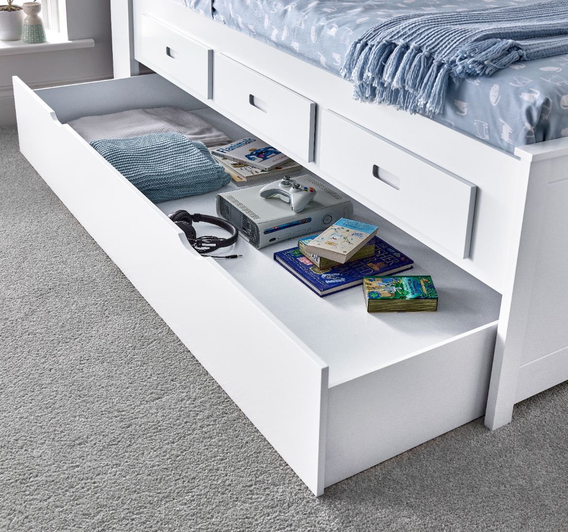 Veera Guest Bed With Drawers And Trundle With Memory Foam Mattresses | Single | White