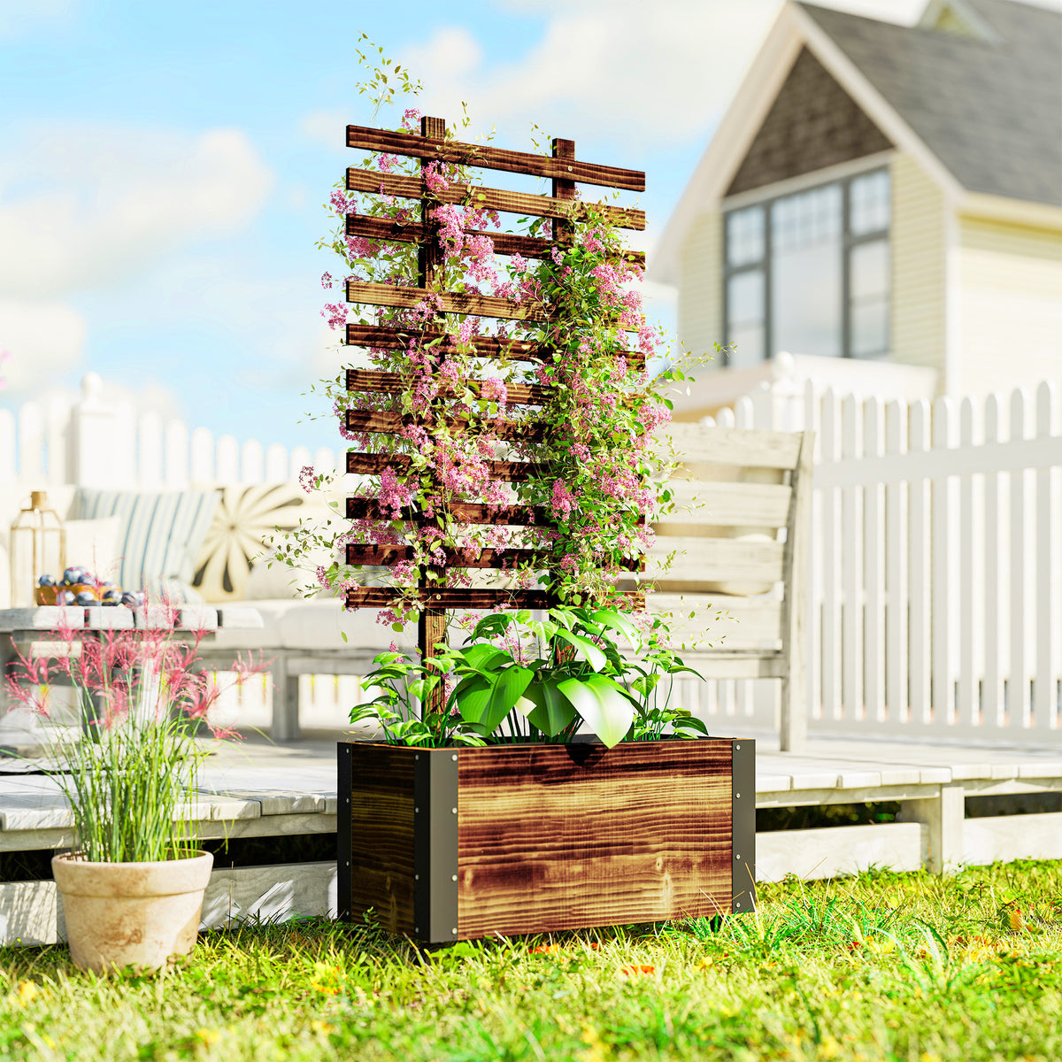 Outsunny Raised Garden Bed, Wooden Planter With Trellis And Wheels