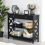 Console Table Side Desk Shelves Drawers Open Top X Support | One Size | Black