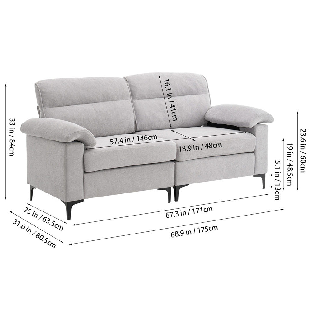 Minimalist Chenille Fabric Two-seat Sofa With Wooden Frame & Black Metal Legs | Grey