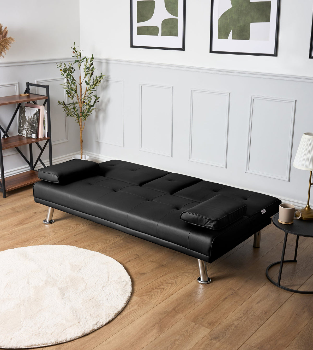 Faux Leather Click Clack Sofa Bed - 2 Seater | Black