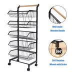 3/4/5-tier Adjustable Black Carbon Steel Storage Cart Rolling Utility Organizer Trolley With Wooden Handle | Small | Black