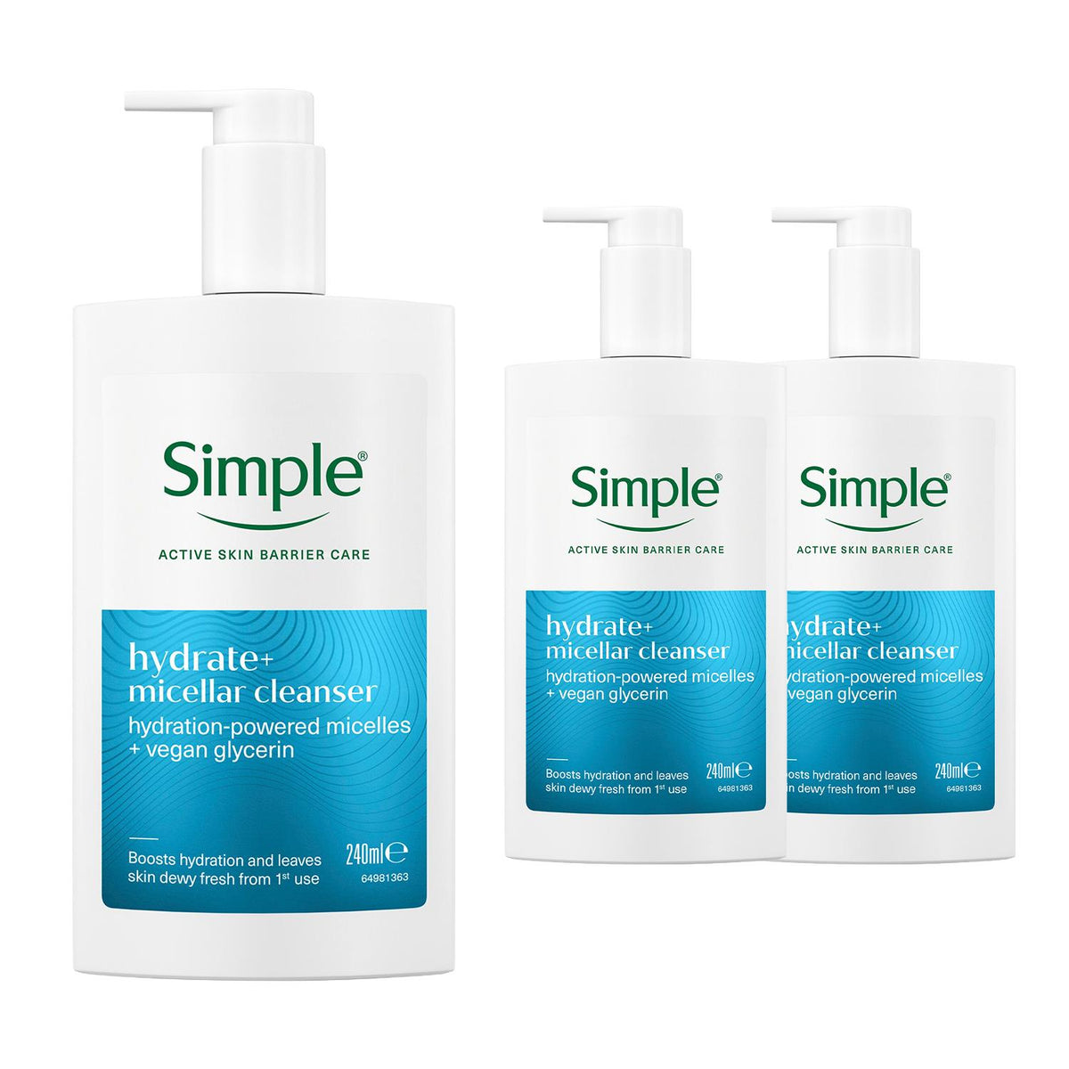 Hydrate+ Micellar Cleanser Gentle Refreshing Face Wash 240ml | Set of 3