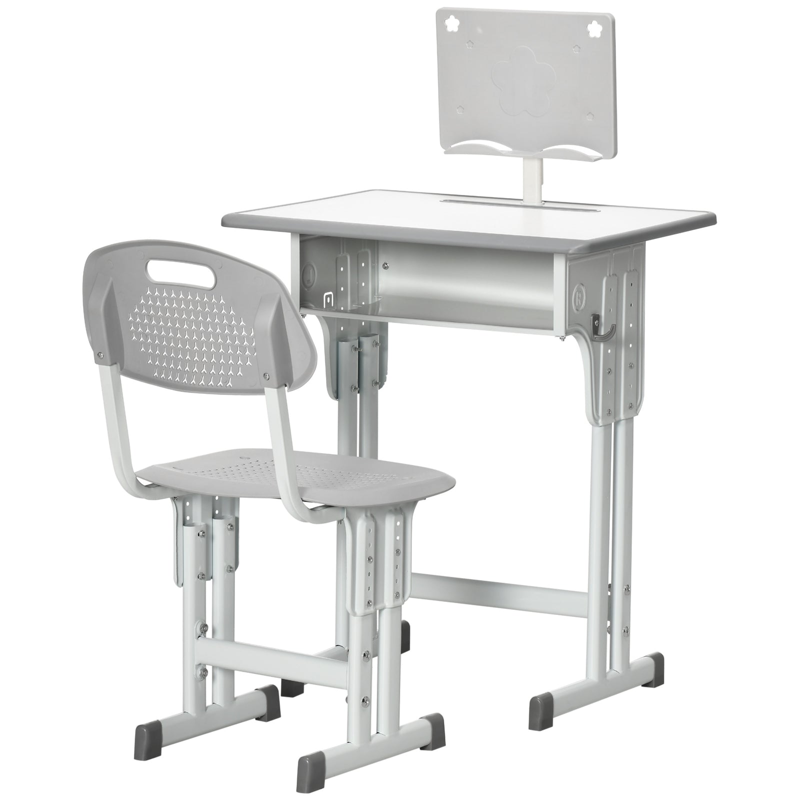 Kids Desk And Chair Set W/ Drawer, Book Stand, Pen Slot | Grey
