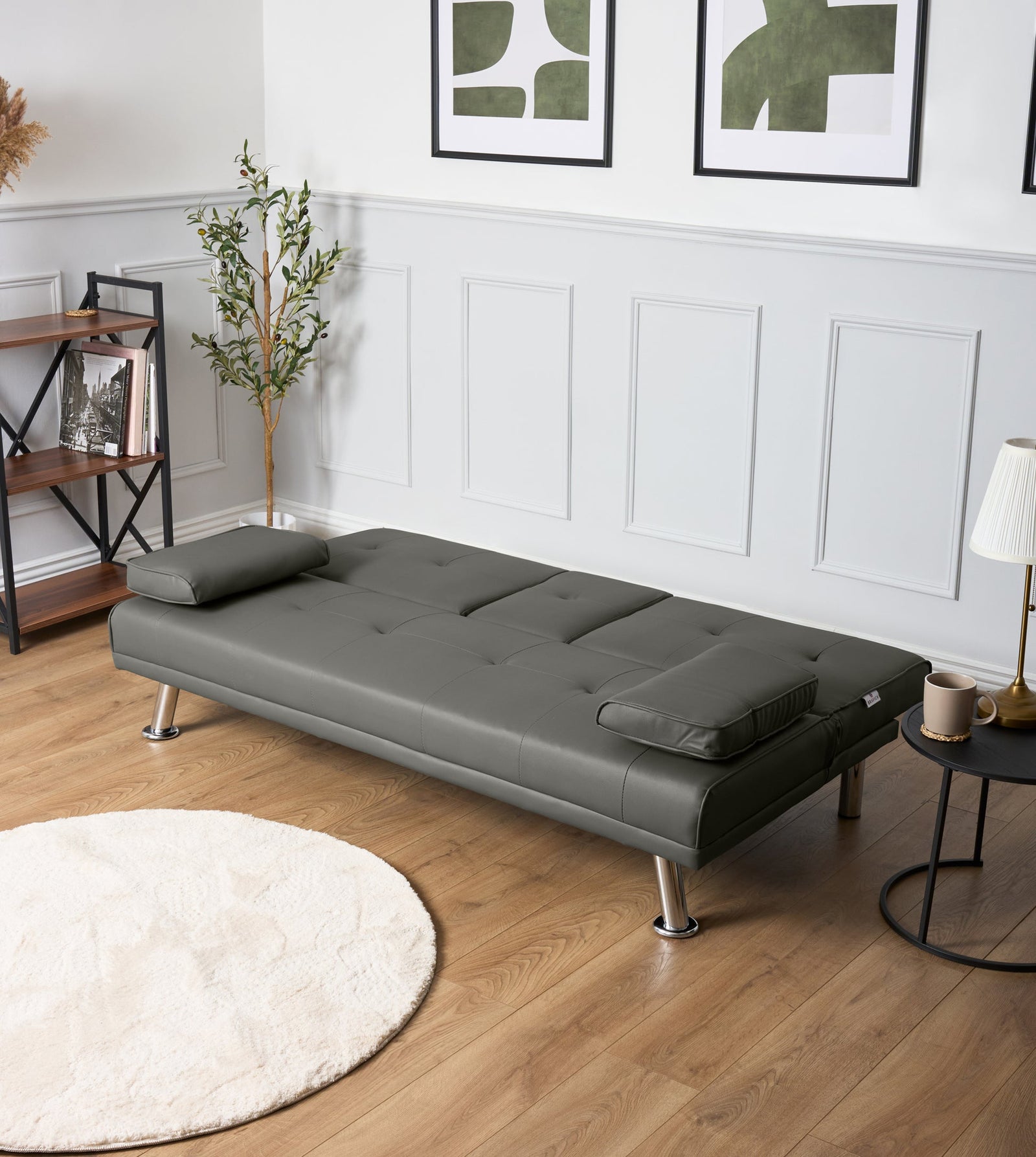 Faux Leather Click Clack Sofa Bed - 2 Seater | Grey