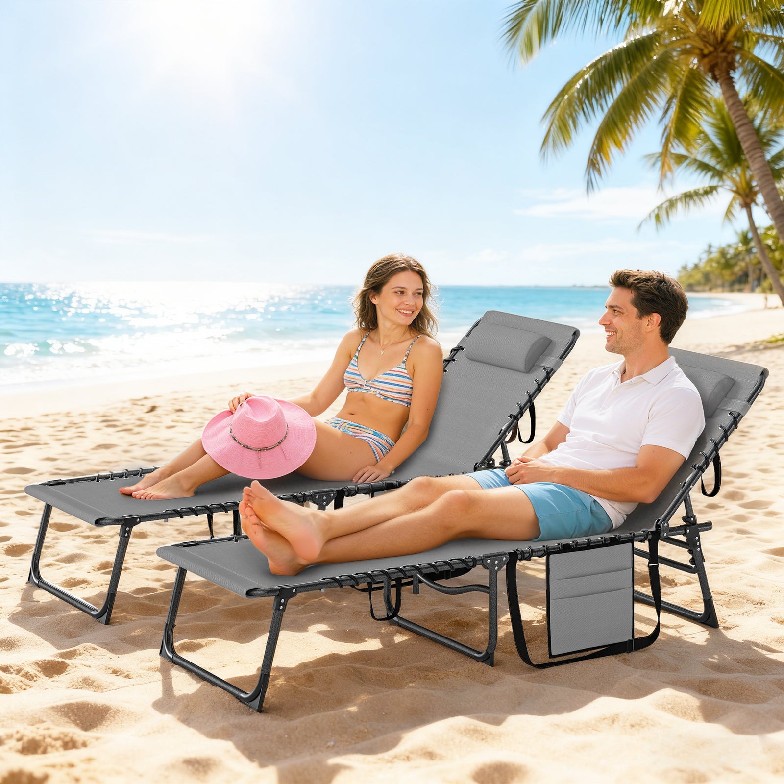 Folding Sun Loungers With 5-level Back, Cup Holder | Grey