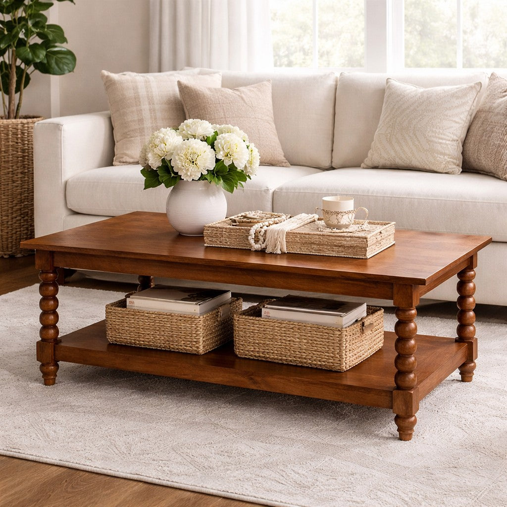 Solid Wood Spindle Coffee Table With Open Shelf