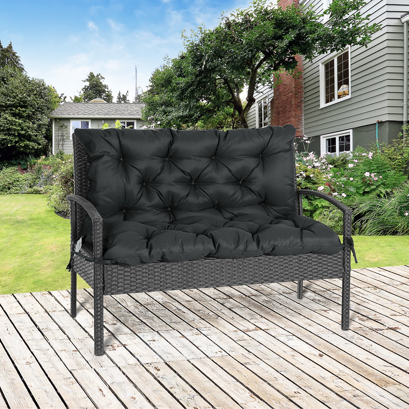 2 Seater Garden Bench Cushion Outdoor Seat Pad With Ties | Jet Black