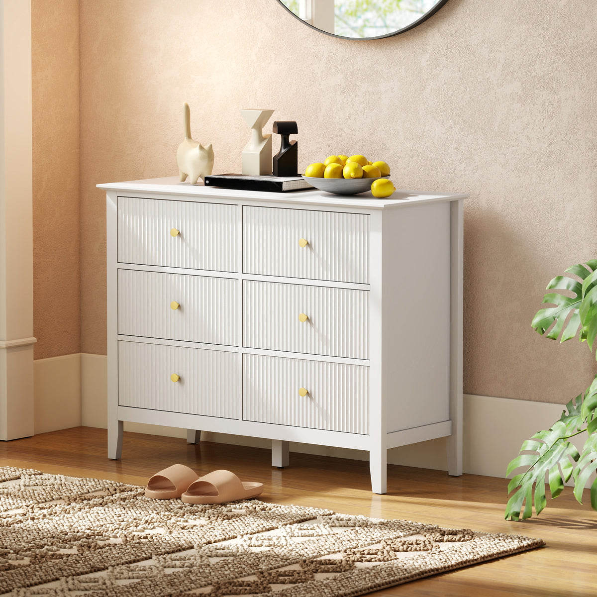 HOMCOM Fluted Chest Of Drawers 6 Drawer Dresser For Bedroom Hallway