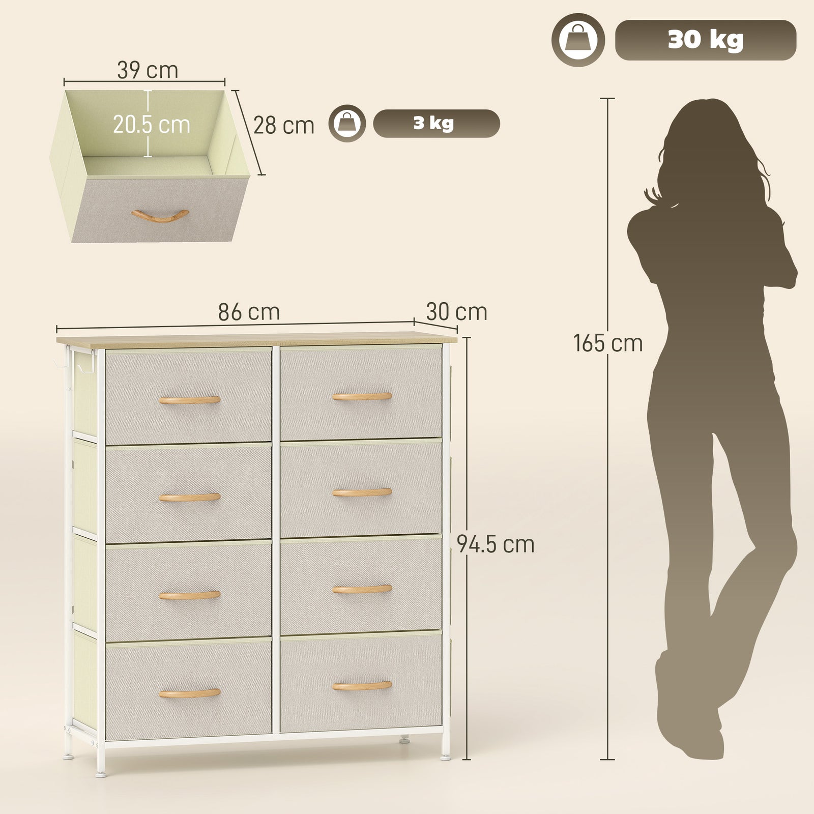 Fabric Chest Of Drawers, 8 Drawer Dresser For Bedroom | Beige