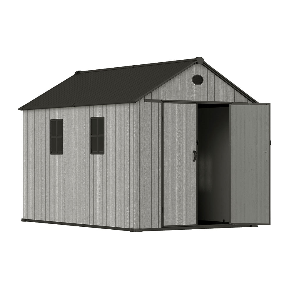 7.38 × 11.32 Ft Garden Tool Shed With Apex Roof & Combination Lock – Heavy-duty Grey Wood Grain Outdoor Storage Shed With Floor,2 Window & Ventilation Panels
