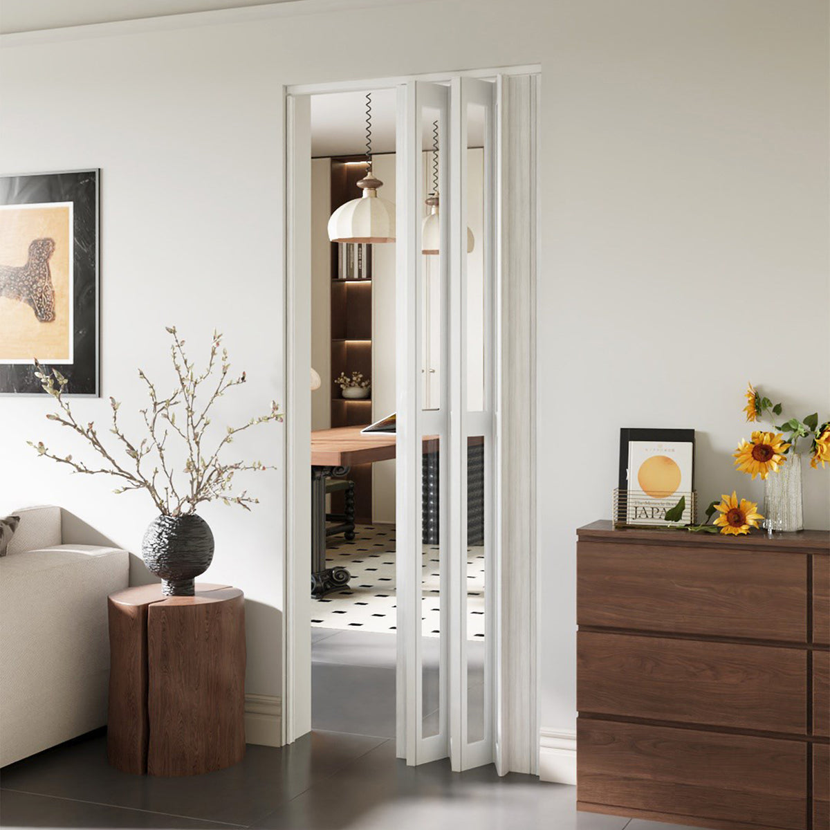 Breeins Magnetic Sliding Pvc Concertina Folding Door With Full Glass Panels