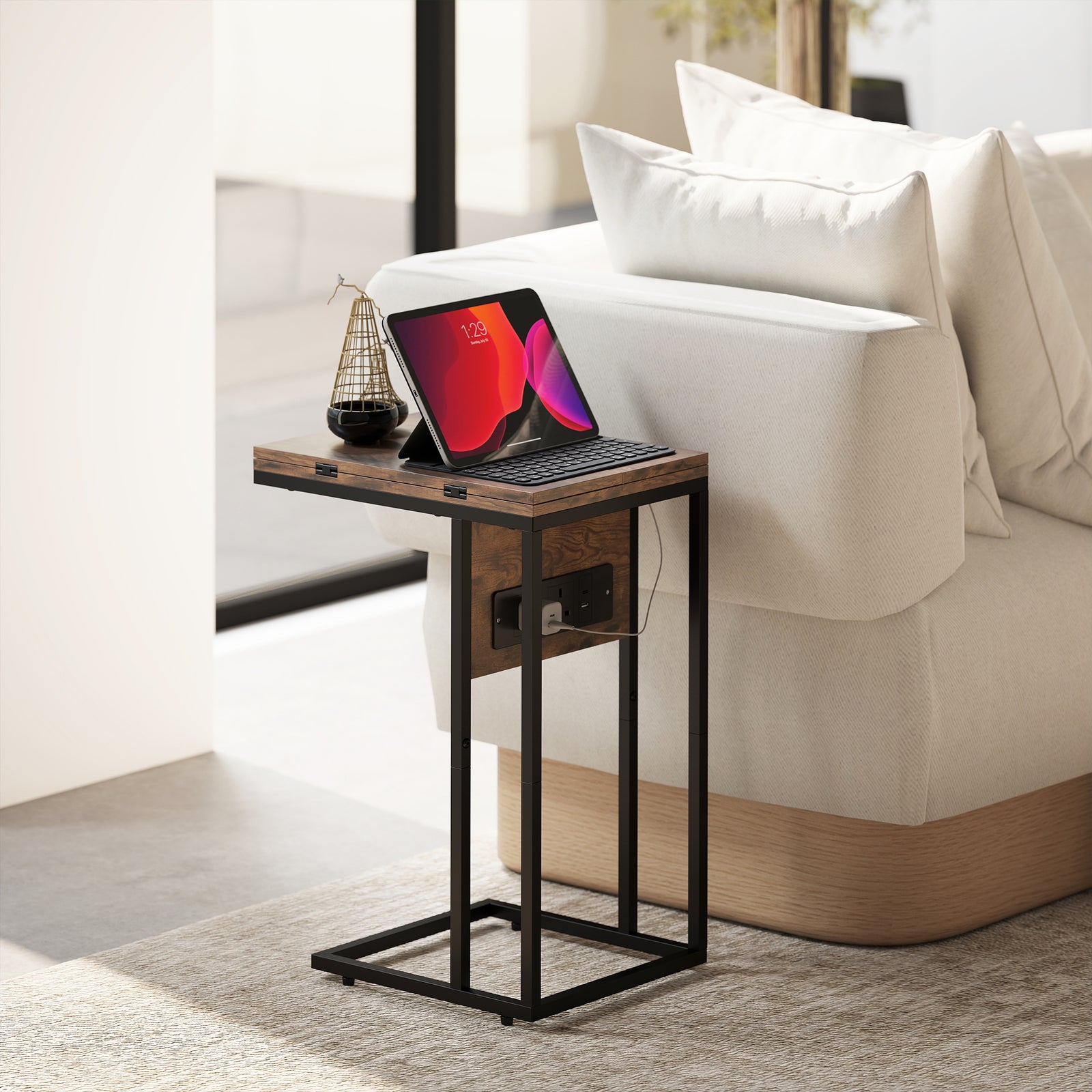 HOMCOM C Shaped Side Table With Charging Station And Foldable Top
