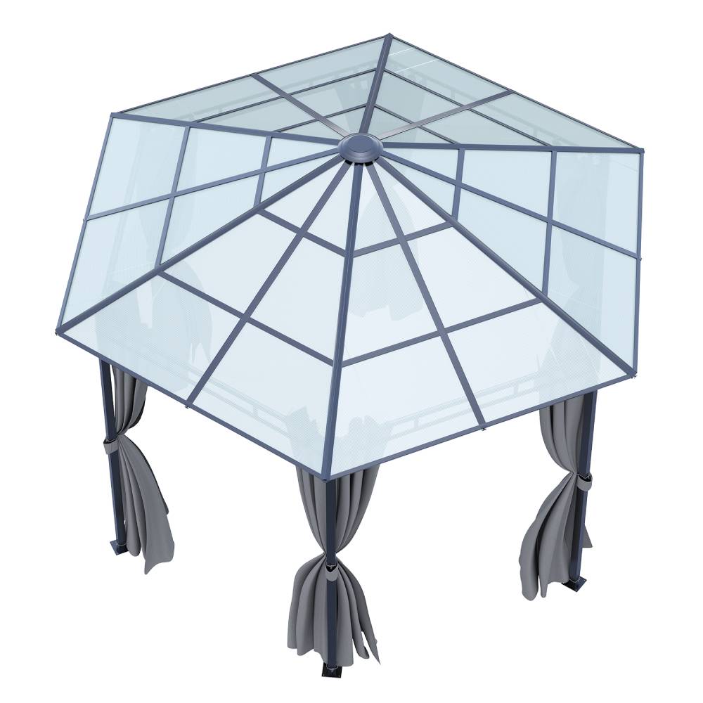 Hexagon Hardtop Gazebo With Curtains, 3.8m Outdoor Metal Frame Pavilion With Semi-transparent Pc Roof For Garden & Patio