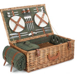 Deluxe Green Tweed Fitted Picnic Wicker Basket | 4-Person | Green