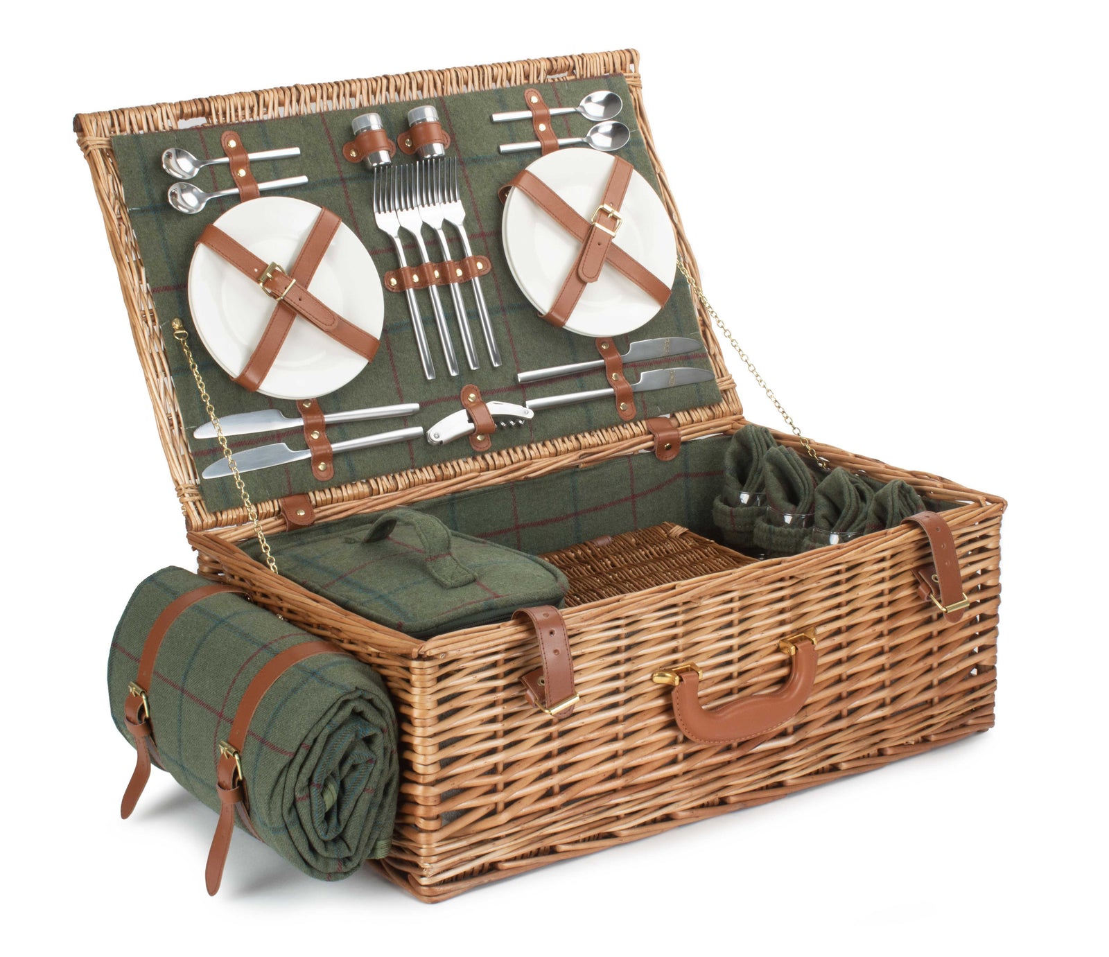 Deluxe Green Tweed Fitted Picnic Wicker Basket | 4-Person | Green