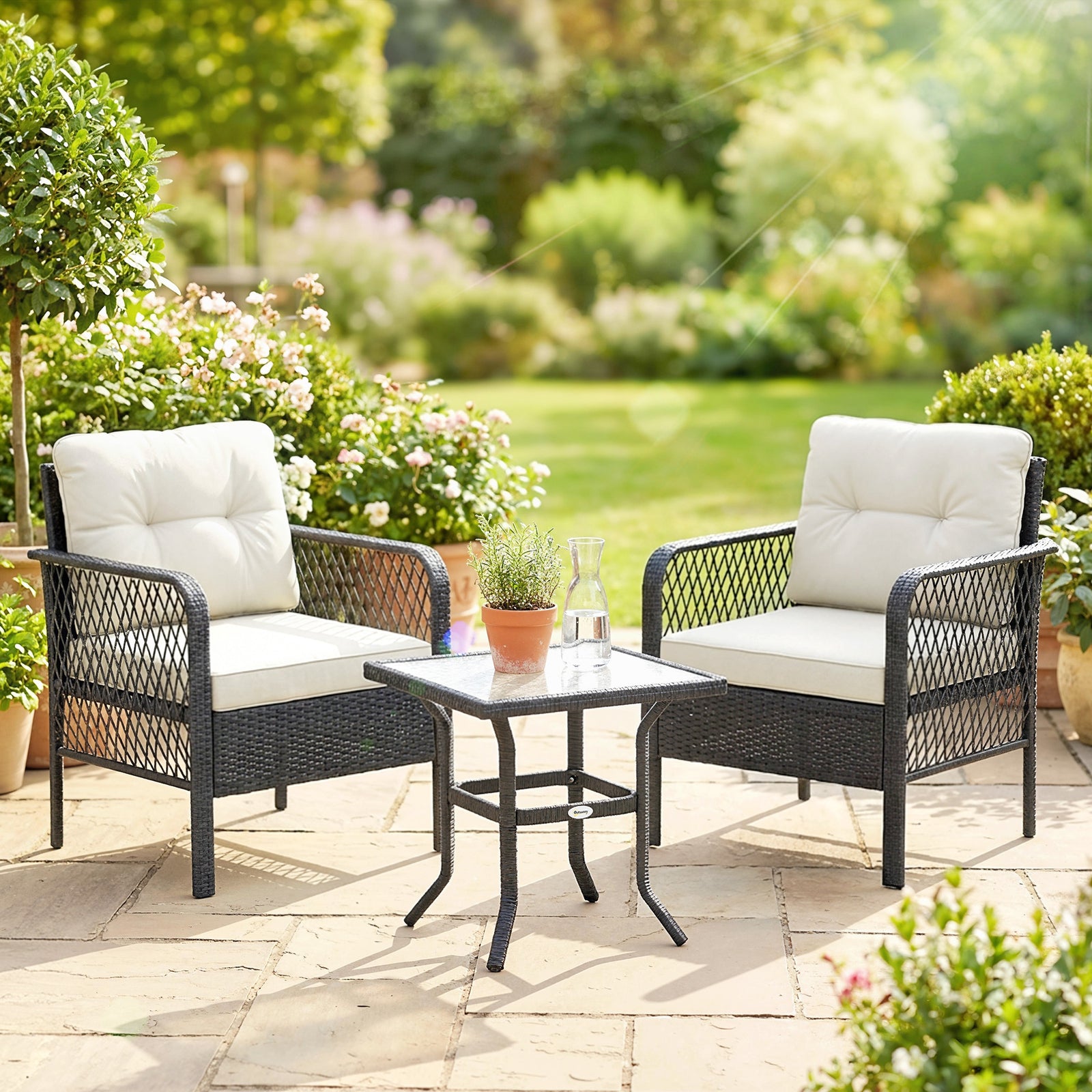 3 Pieces Rattan Bistro Set With Tempered Glass Table | Cream