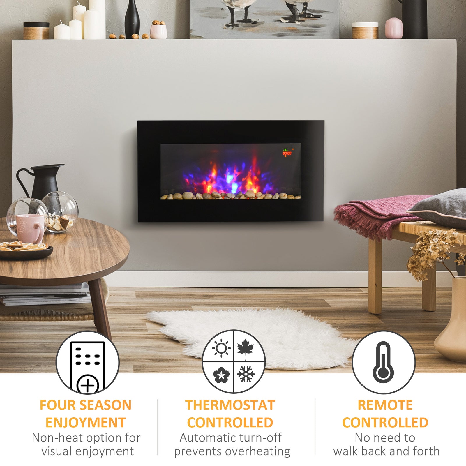 1000w/2000w Electric Wall Fireplace Led Flame Effect Timer