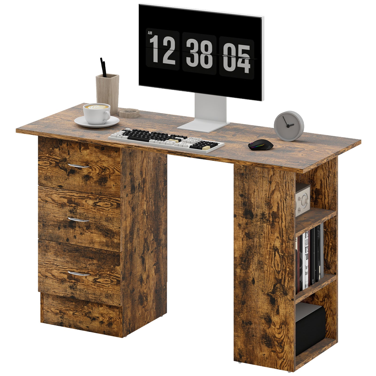 120cm Computer Desk, Study Table With 3 Shelf & Drawers | Brown